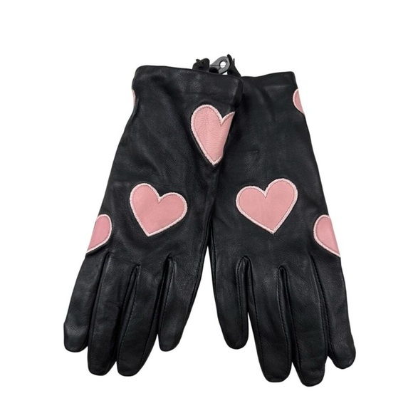 NEW Aqua Womens Metallic Pink Heart Black Leather Tech Gloves Black SZ Medium - Picture 3 of 5